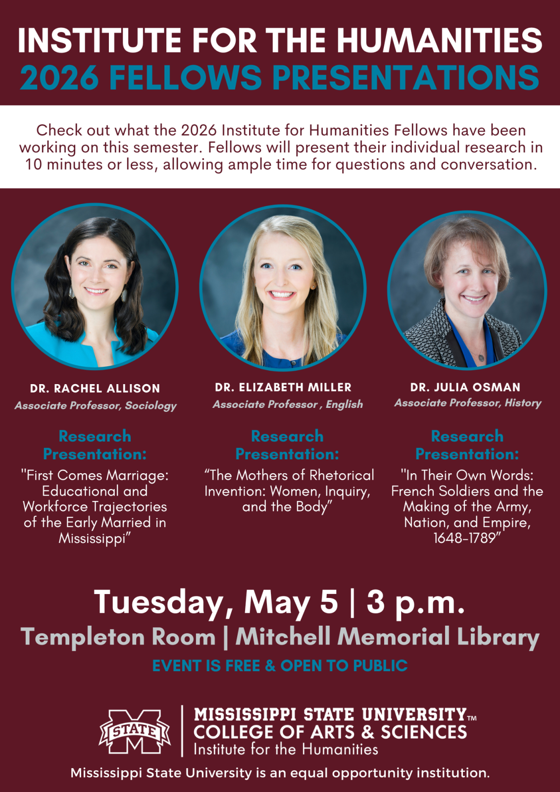 Institute for the Humanities 2026 fellows presentations flyer